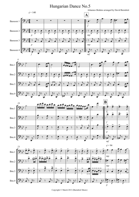 Free Sheet Music Hungarian Dance For Bassoon Quartet