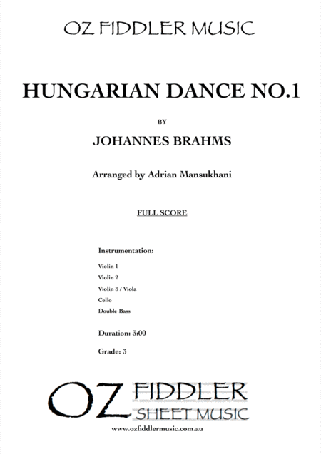 Hungarian Dance No 1 By Johannes Brahms Arranged For String Orchestra Sheet Music