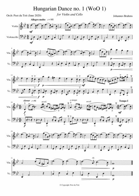 Hungarian Dance No 1 Woo 1 In G Johannes Brahms Violin Cello Excerpt Sheet Music