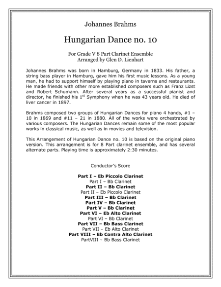 Free Sheet Music Hungarian Dance No 10 Clarinets