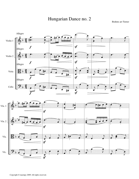 Hungarian Dance No 2 By Brahms Arranged For String Quartet Sheet Music