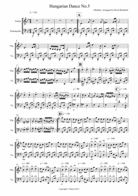 Hungarian Dance No 5 For Violin And Cello Sheet Music