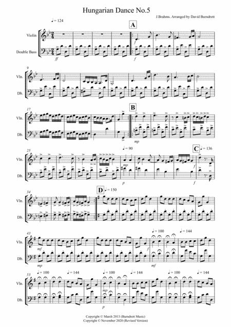 Hungarian Dance No 5 For Violin And Double Bass Sheet Music