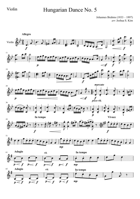 Free Sheet Music Hungarian Dance No 5 For Violin Cello Duet