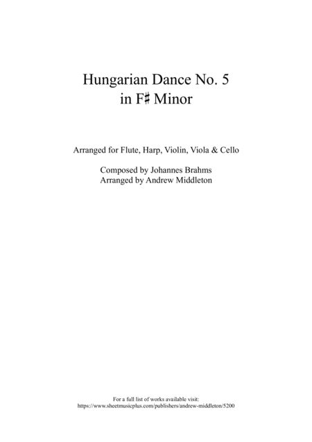 Hungarian Dance No 5 In F Sharp Minor Arranged For Flute Harp Violin Viola Cello Sheet Music