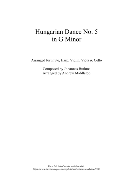 Hungarian Dance No 5 In G Minor Arranged For Flute Harp Violin Viola Cello Sheet Music