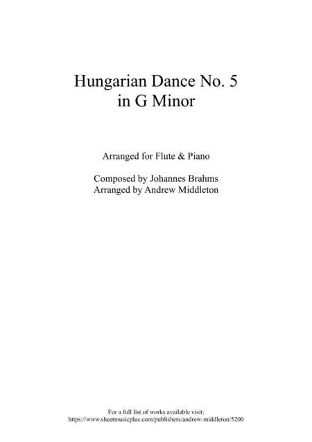 Hungarian Dance No 5 In G Minor Arranged For Flute Piano Sheet Music