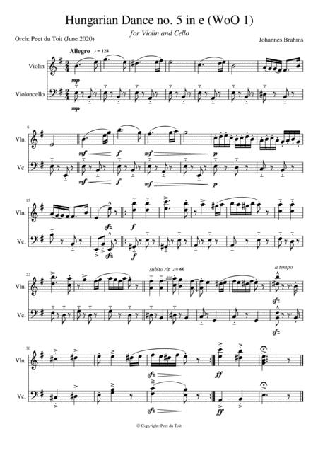 Hungarian Dance No 5 Woo 1 In E Johannes Brahms Violin Cello Excerpt Sheet Music