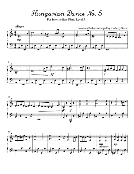 Hungarian Dance Number 5 By Brahms For Intermediate Piano Level 5 Sheet Music