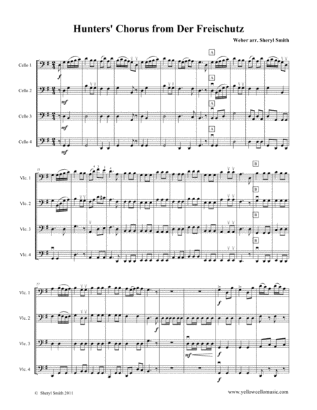 Hunters Choir For Beginner Cello Quartet Four Cellos Op 77 From Der Freischutz Sheet Music