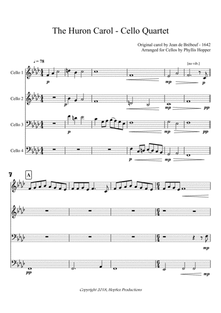 Huron Carol Cello Quartet Sheet Music