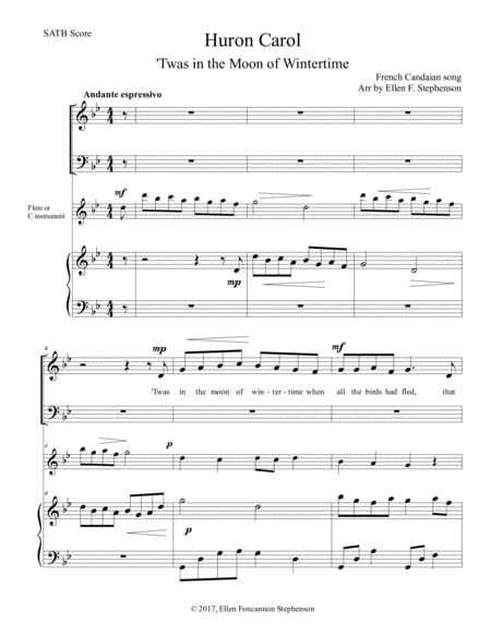 Free Sheet Music Huron Carol Satb Twas In The Moon Of Wintertime