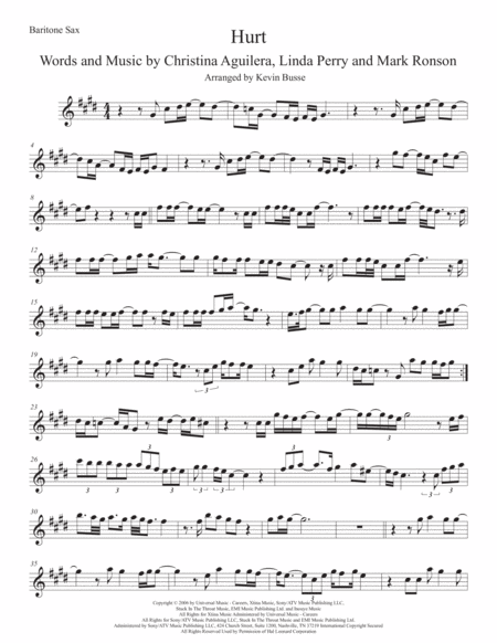 Hurt Bari Sax Original Key Sheet Music