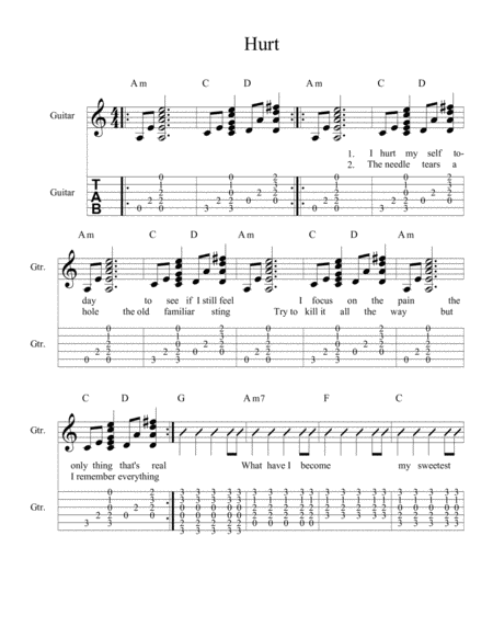 Free Sheet Music Hurt Easy Guitar