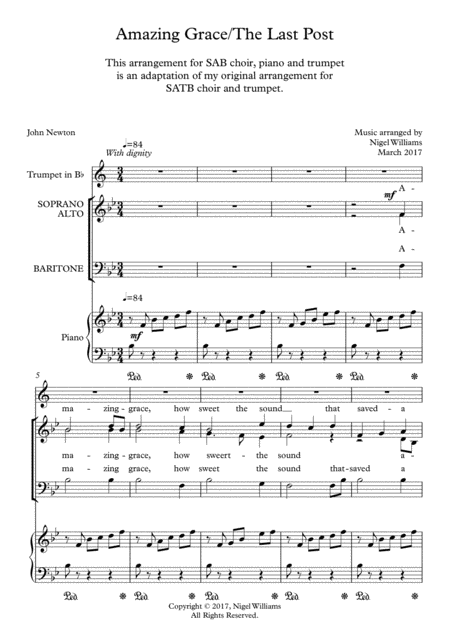 Free Sheet Music Hymn Concertato Amazing Grace With The Last Post For Sab Choir Piano Trumpet In Bb
