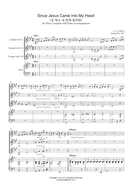 Hymn For Trumpet Trio Since Jesus Came Into My Heart Sheet Music