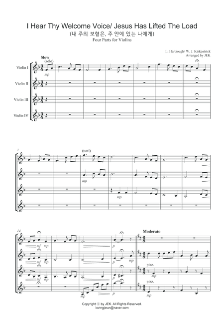 Free Sheet Music Hymn For Violin Ensemble I Hear Thy Welcome Voice Jesus Has Lifted The Load