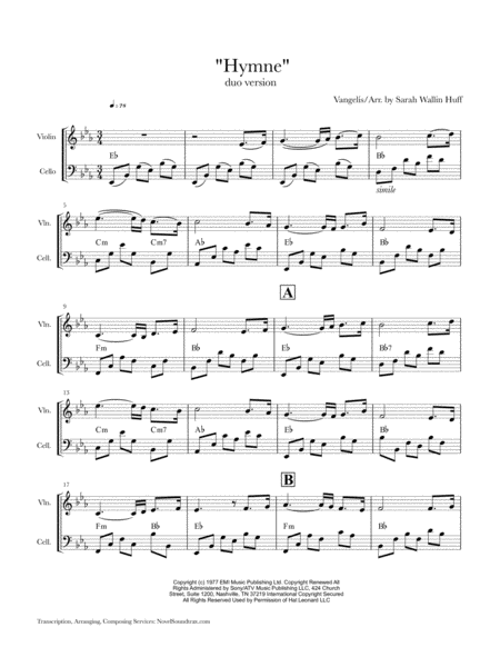 Free Sheet Music Hymne Violin Cello