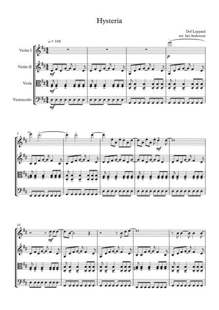 Hysteria String Quartet Sheet Music