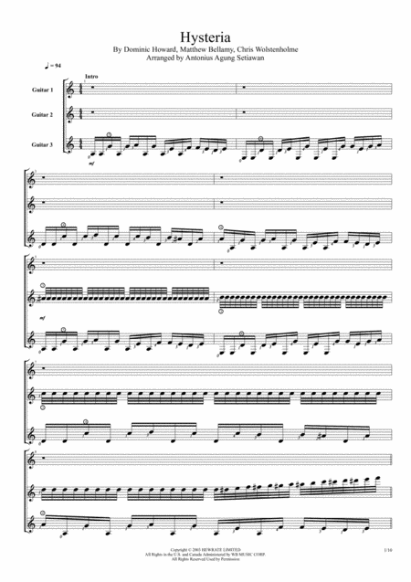 Hysteria Trio Guitar Score Sheet Music