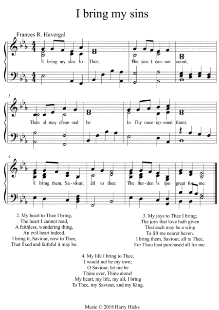 I Bring My Sins A New Tune To A Wonderful Frances Ridley Havergal Hymn Sheet Music