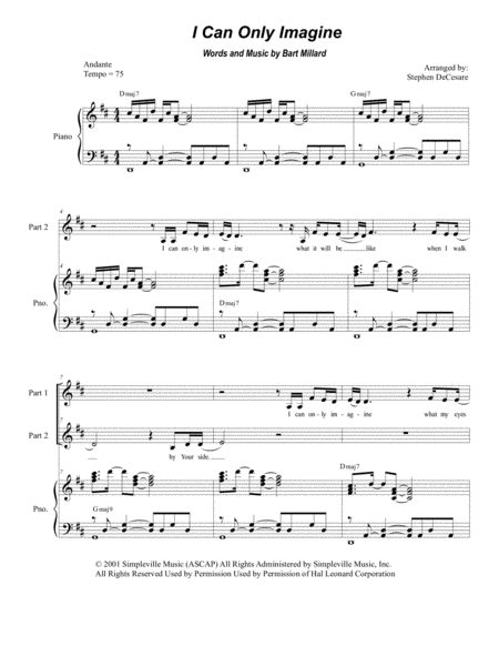 Free Sheet Music I Can Only Imagine For 2 Part Choir