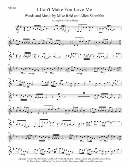 I Cant Make You Love Me Alto Sax Original Key Sheet Music