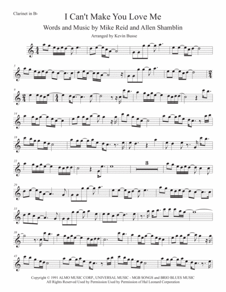 I Cant Make You Love Me Clarinet Original Key Sheet Music