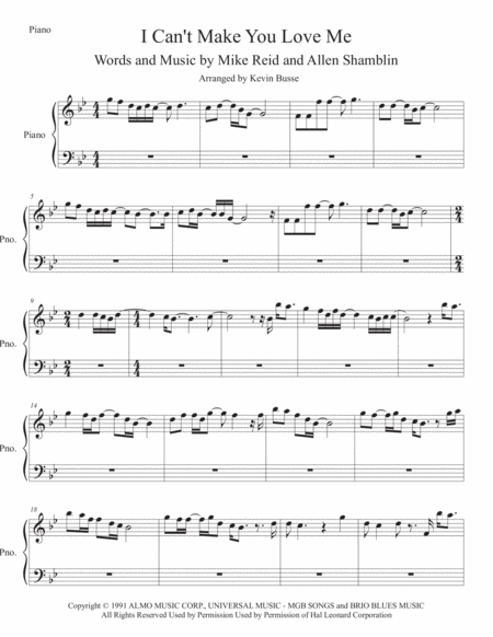 I Cant Make You Love Me Piano Original Key Sheet Music