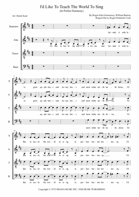 Free Sheet Music I D Like To Teach The World To Sing In Perfect Harmony Satb A Cappella