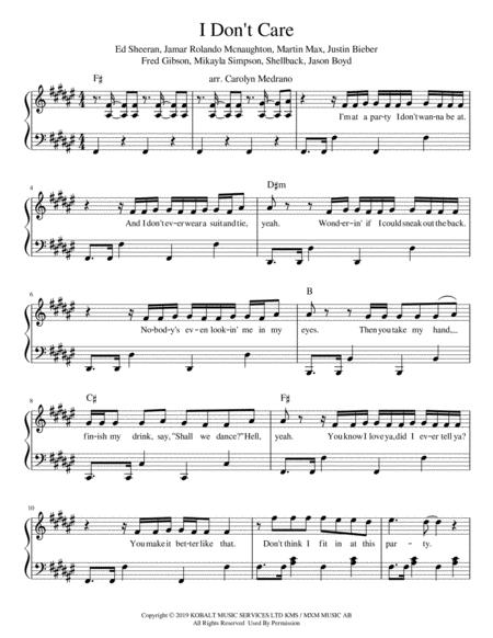 I Dont Care Intermediate Piano Sheet Music