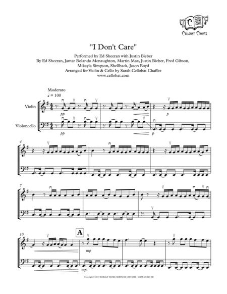 I Dont Care Violin Cello Duet Ed Sheeran Justin Bieber Arr Cellobat Sheet Music