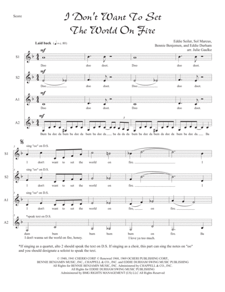 Free Sheet Music I Dont Want To Set The World On Fire For Ssaa Quartet