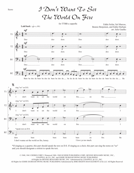 I Dont Want To Set The World On Fire For Ttbb Quartet Sheet Music