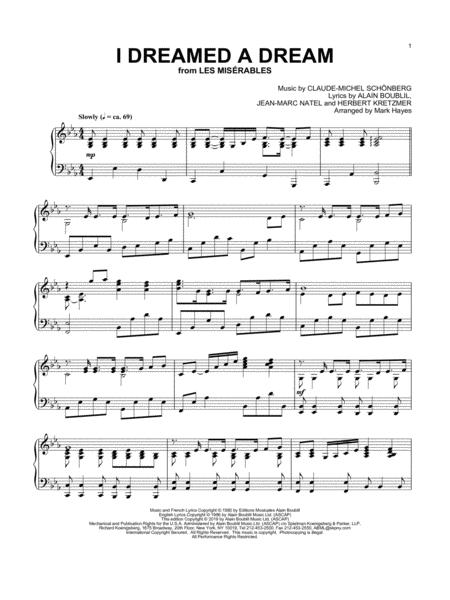 I Dreamed A Dream From Les Miserables Arr Mark Hayes Sheet Music