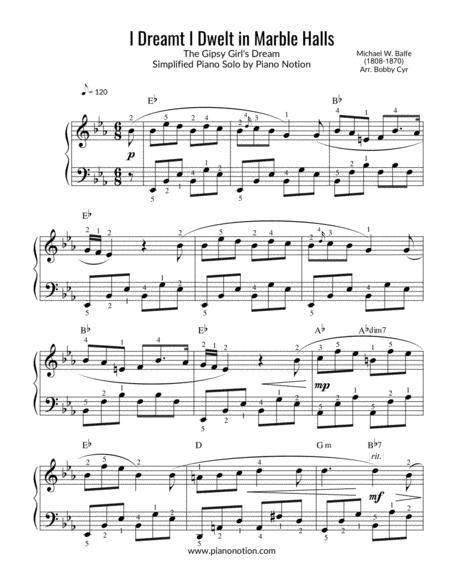 Free Sheet Music I Dreamt I Dwelt In Marble Halls Simplified Piano Solo