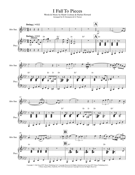 Free Sheet Music I Fall To Pieces For Alto Sax Solo With Piano Accompaniment Patsy Cline Trisha Yearwood