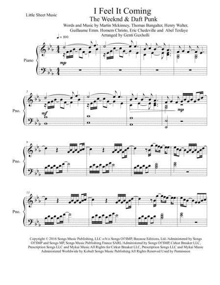 I Feel It Coming Piano Solo Sheet Music