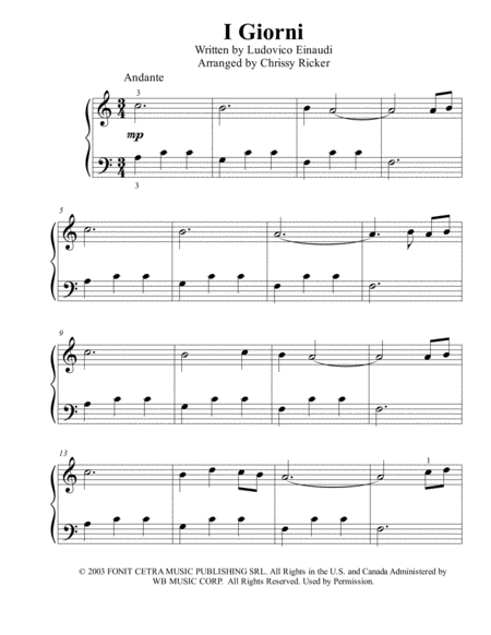 Free Sheet Music I Giorni Beginner Big Note Piano