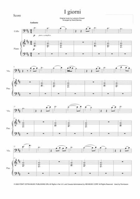 I Giorni For Cello And Piano Sheet Music