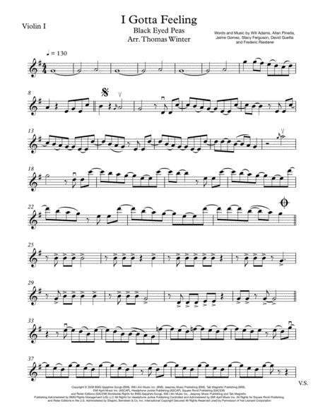 I Gotta Feeling Black Eyed Peas String Quartet Trio Duo Or Solo Violin Sheet Music