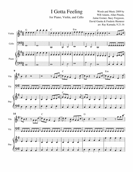 I Gotta Feeling For Piano Violin Or Flute Or Oboe Cello Or Bassoon Trio Sheet Music