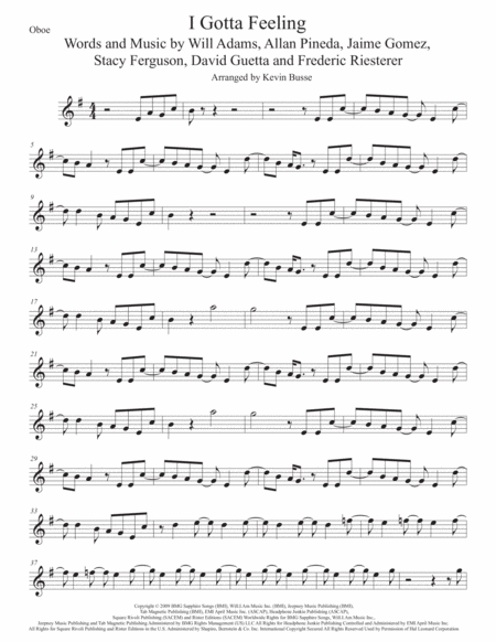 I Gotta Feeling Oboe Original Key Sheet Music