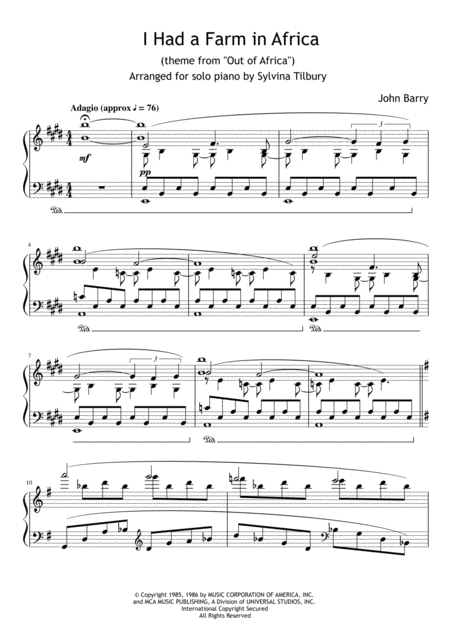 I Had A Farm In Africa Theme From Out Of Africa Piano Solo Sheet Music