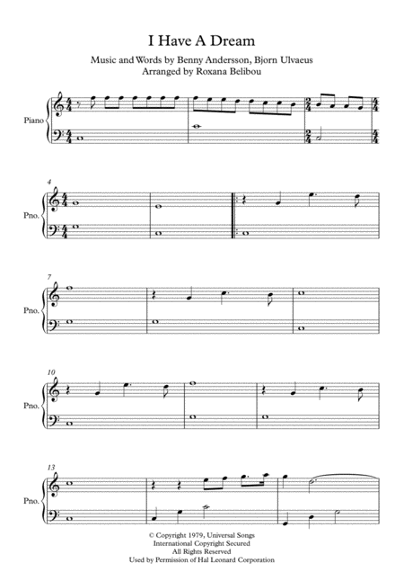 Free Sheet Music I Have A Dream C Major By Abba Easy Piano