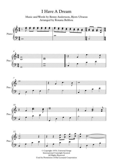 I Have A Dream C Major By Abba Piano Sheet Music