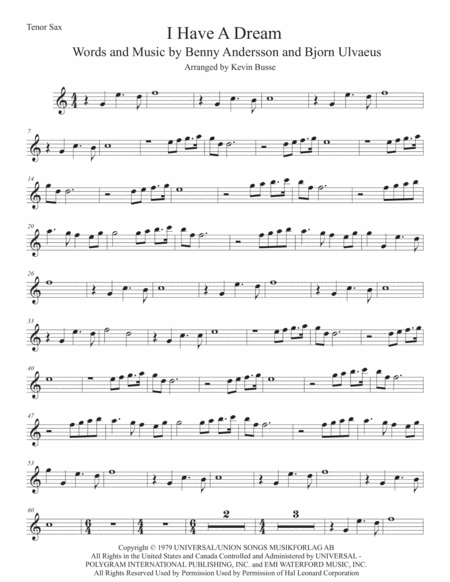 I Have A Dream Easy Key Of C Tenor Sax Sheet Music