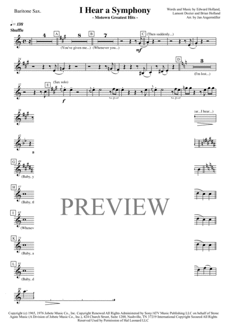 I Hear A Symphony Bariton Sax Transcription Of Original Motown Recording Sheet Music