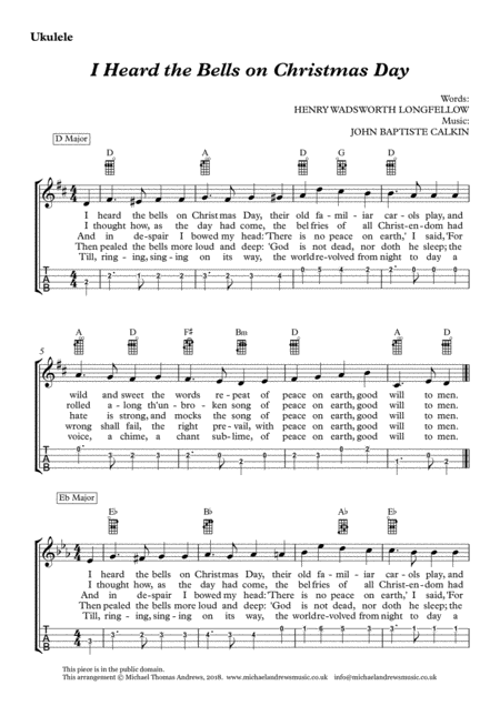 Free Sheet Music I Heard The Bells On Christmas Day For Ukulele With Tab