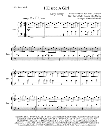 Free Sheet Music I Kissed A Girl Piano Solo